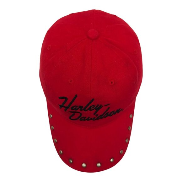 Harley Davidson Embroidered Red Adjustable Tuck Strap Cap Trucker Biker Hat Rive - Picture 6 of 14